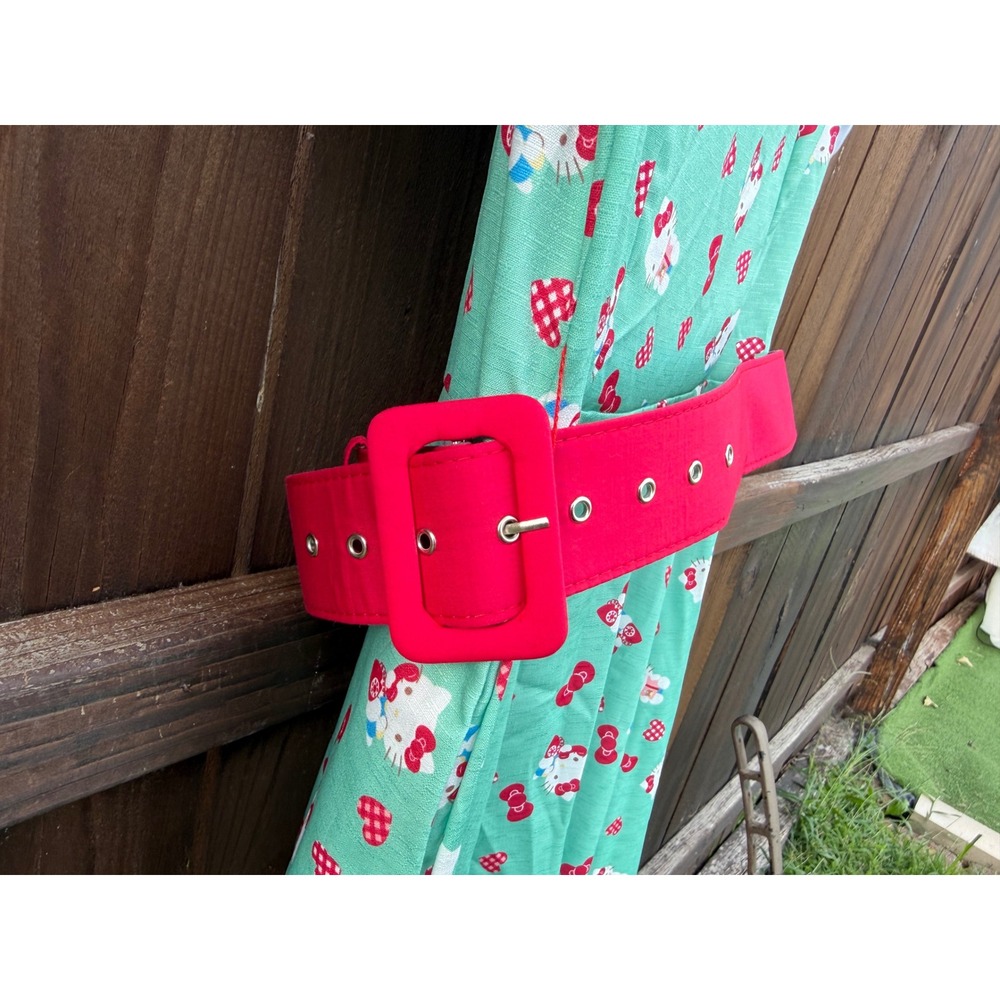 Unique Vintage x Hello Kitty Mint Green Swing Dress Retro Sanrio Midi Belted M - Picture 6 of 10